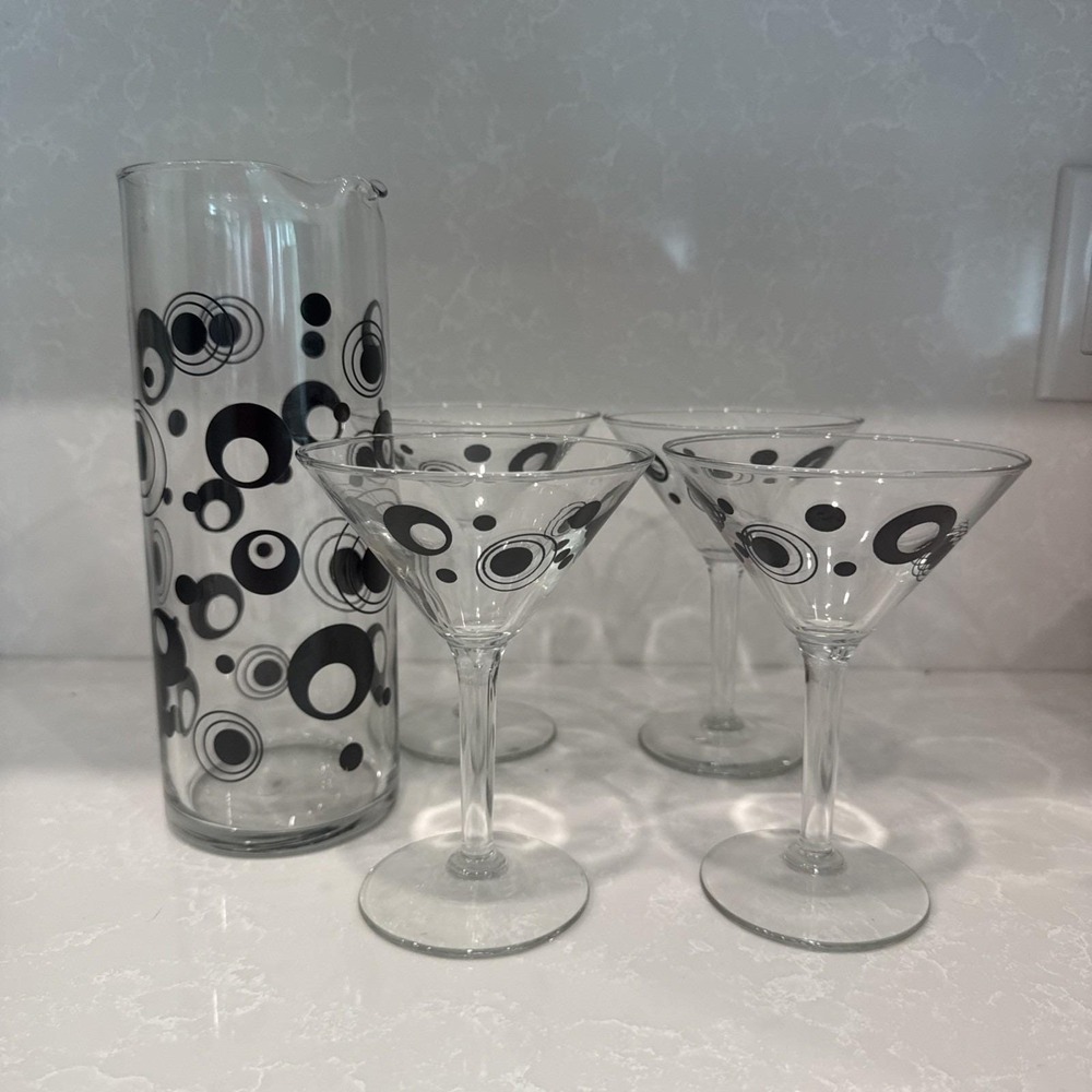 Libbey Cocktail Martini Pitcher 4 Glasses Black Circles Dots Barware‎ mcm retro